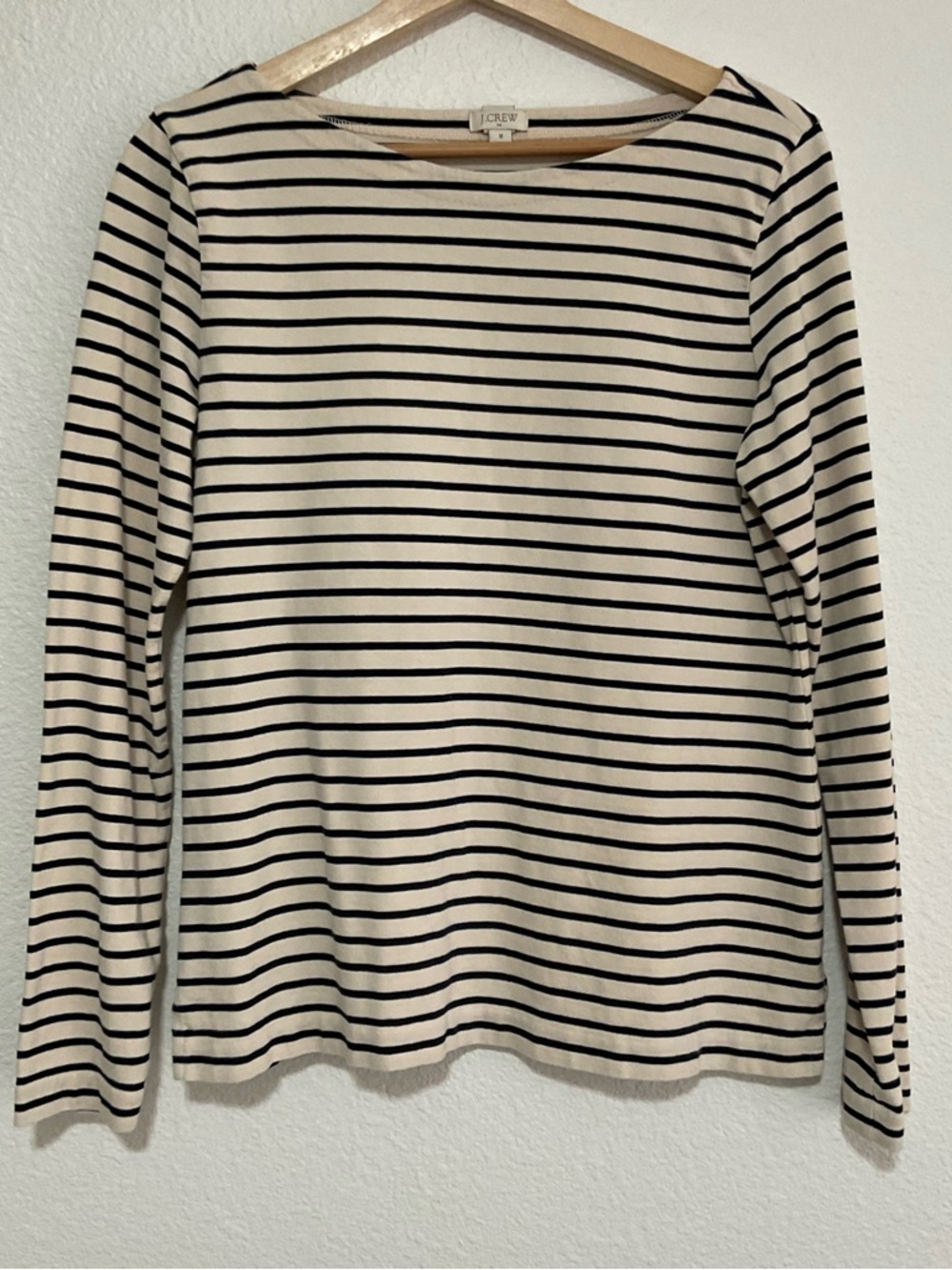 J Crew Womens M Cream Navy Striped Boat Neck Long Sleeve Cotton Top